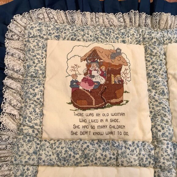 Handmade Childrens Blanket Quilt With Cross Stitch Nursery Rhymes Kitschy 45”x32 - Picture 2 of 14